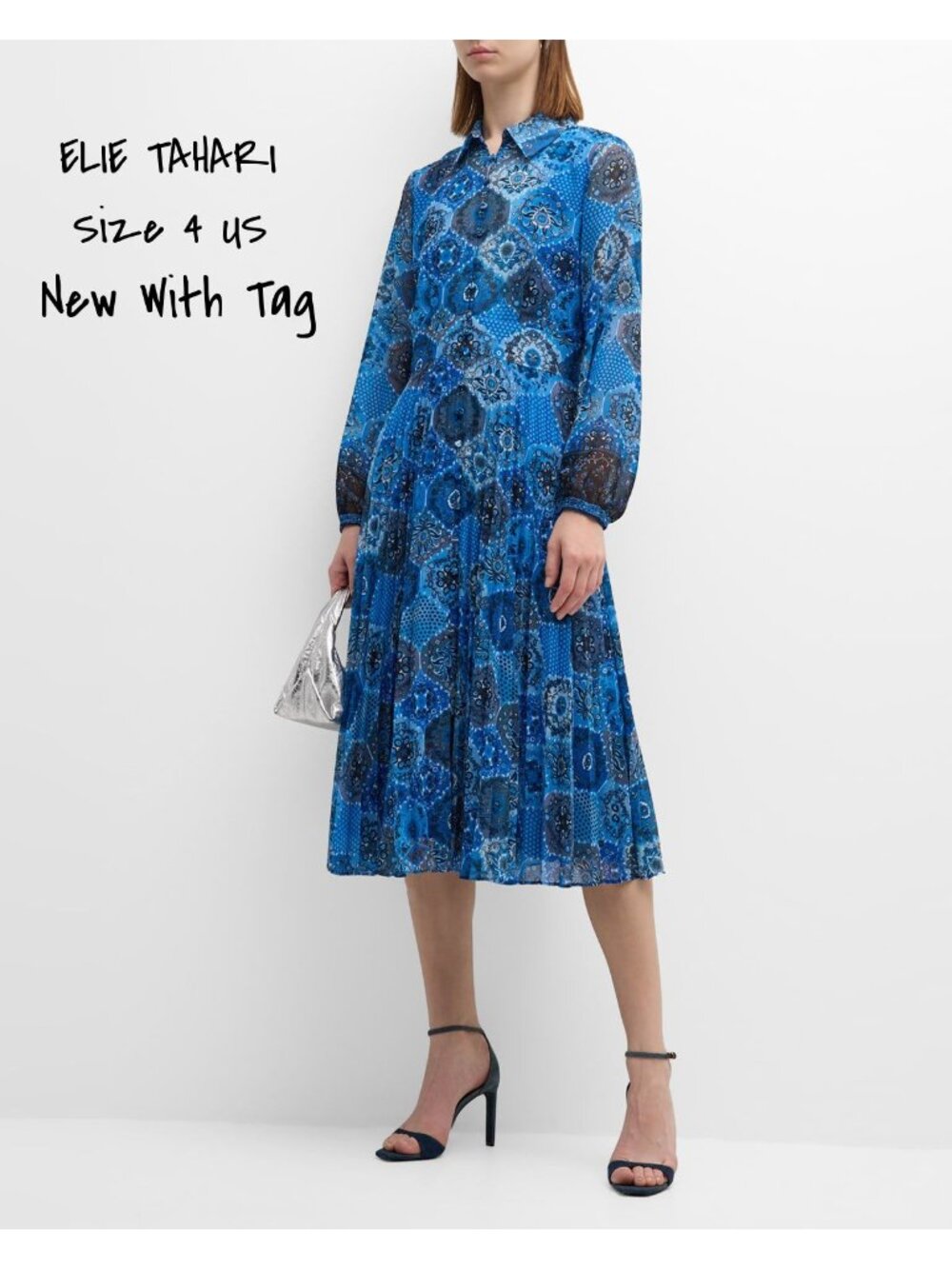 Elie Tahari Pleated Floral-Print Midi Shirtdress Blue Size 4 New With Tag
